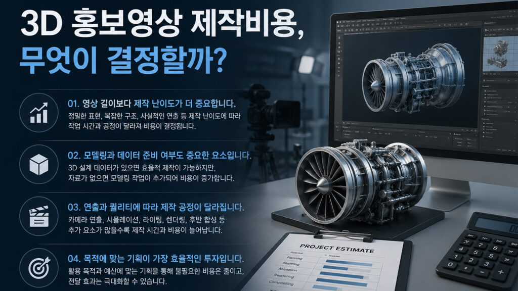 3D 홍보영상 제작비용을 결정하는 요소를 설명하는 메이지 비주얼웍스의 3D영상제작 가이드 이미지