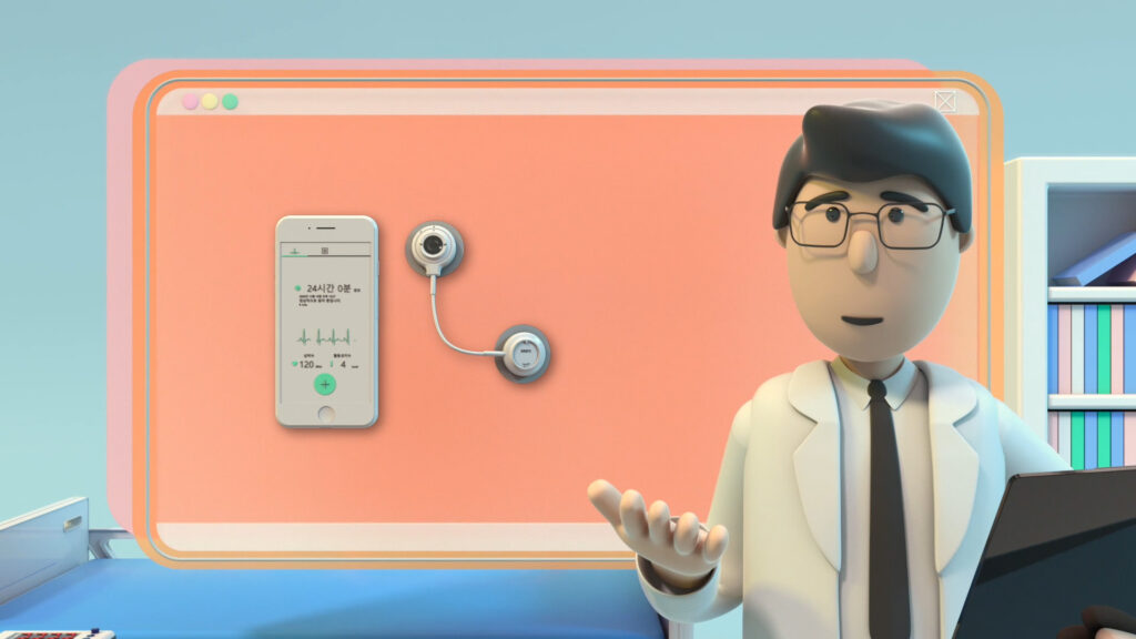 의료진과 mobiCARE 웨어러블 심전도 기기를 표현한 의료기기 3D그래픽